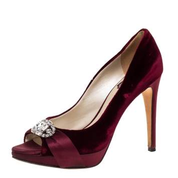 Pre Owned Dior Maroon Velvet And Satin Crystal Embellished Empire Peep Toe Pumps Size 37