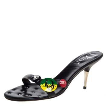 Pre Owned Dior Black Leather Badge Embellished Studded Insole Slide Sandals Size 42