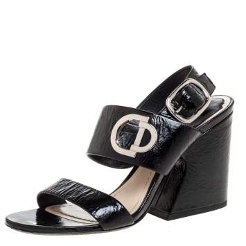 Pre Owned Dior Black Textured Patent Leather Slingback Sandals Size 36