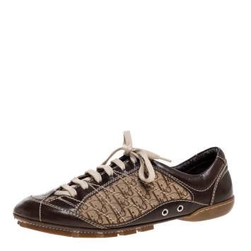 Pre Owned Dior Brown Leather and Diorissimo Canvas Low Top Sneakers Size 37
