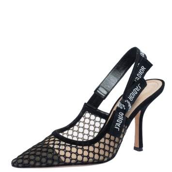 Pre Owned  Dior Balck Mesh Embroidered Ribbon J'Adior Slingback Sandals Size 37.5