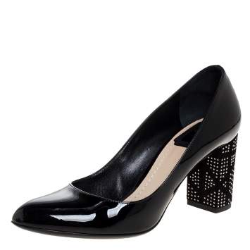 Pre Owned Dior Black Patent Leather Embellished Heel Pumps Size 37.5