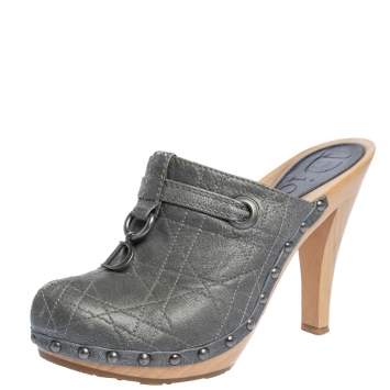 Pre Owned Dior Grey Metallic Cannage Stitched Leather Platform Clogs Size 38