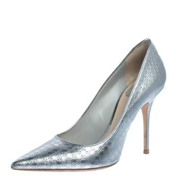 Pre Owned  Dior Metallic Silver Cannage Leather Cherie Pointed Toe Pumps Size 40