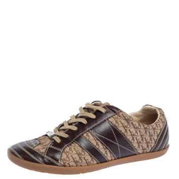 Pre Owned Dior Brown Leather and Diorissimo Canvas Low Top Sneakers Size 40.5
