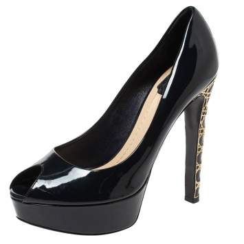 Pre Owned Dior Navy Blue Patent Leather Peep Toe Cannage Heel Platform Pumps Size 38