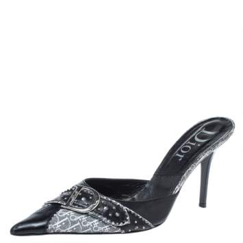 Pre Owned Dior Black Leather and Oblique Canvas Mule Sandals Size 40