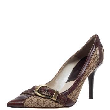 Pre Owned Dior Brown Canvas And Leather Buckle Pointed Toe Pumps Size 37.5
