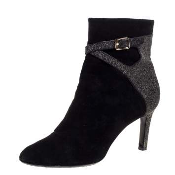 Pre Owned Dior Black Suede Leather And Glitter Buckle Details Ankle Booties Size 40