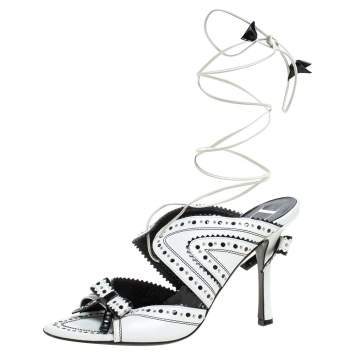 Pre Owned Dior White/Black Leather Brogue Studded Bow Embellished Ankle Wrap Sandals Size 38