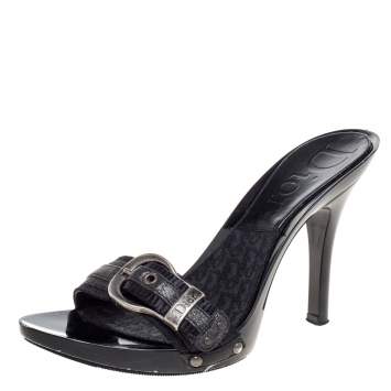 Pre Owned Dior Black Canvas And Leather Buckle Open Toe Sandals Size 37.5