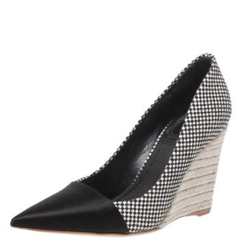 Pre Owned Dior Monochrome Canvas and Satin Dolce Vita Pointed Toe Espadrille Wedge Pumps Size 34.5