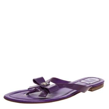 Pre Owned Dior Purple Patent Leather and Leather Bow Thong Flats Size 41