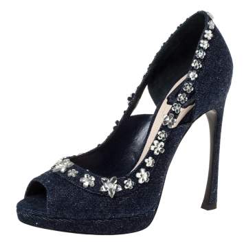 Pre Owned Dior Blue Crystal Embellished Denim Garland Peep Toe Pumps Size 38