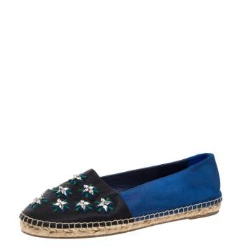 Pre Owned Dior Blue/Black Canvas Crystal Embellished Riviera Espadrille Flat Size 39