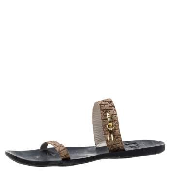 Pre Owned Dior Brown/Beige Diorissimo Canvas Lock And Key Embellished Slide Sandals Size 41