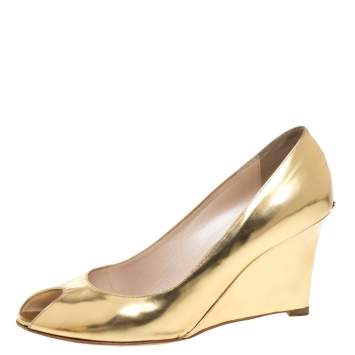 Pre Owned Dior Gold Patent Leather Wedge Peep Toe Pumps Size 38.5