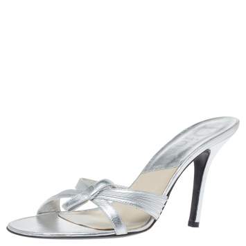Pre Owned Dior Metallic Silver Leather Bow Slide Sandals Size 39