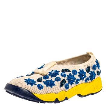 Pre Owned Dior White Mesh Fusion Floral Embellished Slip On Sneakers Size 37.5