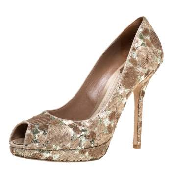 Pre Owned Christian Dior Gold/Bronze Sequin Embellished Satin Peep Toe Platform Pumps Size 38.5