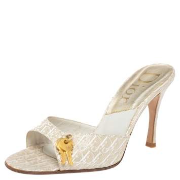 Pre Owned Dior Cream/Gold Diorissimo Canvas Lock And Key Embellished Slide Sandals Size 38.5