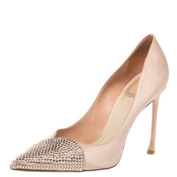 Pre Owned Dior Beige Satin Dew Crystal Embellished Pointed Toe Pumps Size 38