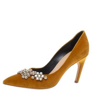 Pre Owned Dior Mustard Yellow Suede Embellished Pointed Toe Pumps Size 40