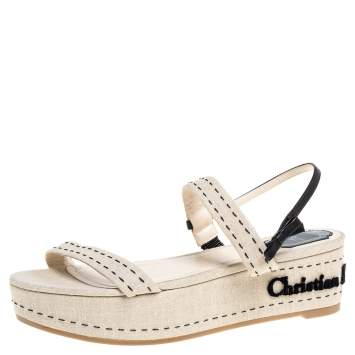 Pre Owned Dior Beige Canvas Ankle Strap Platform Sandals Size 41