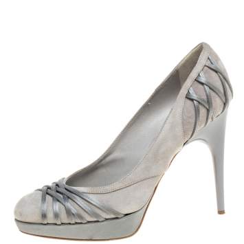 Pre Owned Dior Grey Suede Leather And Satin Platform Pumps Size 37.5