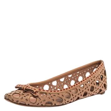 Pre Owned Dior Beige Leather Laser Cut Out Bow Ballet Flats Size 39