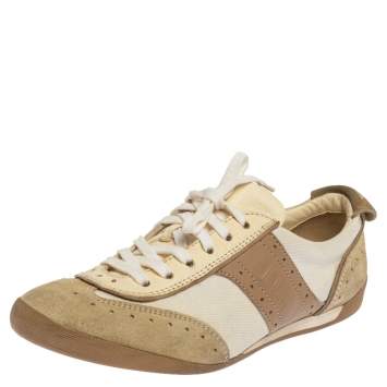 Pre Owned Dior Beige/White Brogue Suede, Leather and Canvas Low Top Sneakers Size 37.5