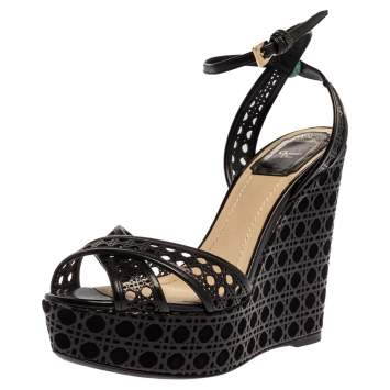 Pre Owned Dior Black Leather Cannage Cutout Ankle Strap Wedge Platform Sandals Size 37.5