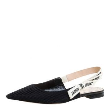 Pre Owned Dior Black Technical Fabric And J'adior Ribbon Pointed Toe Slingback Flats Size 39