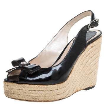 Pre Owned Dior Black Patent Leather Bow Espadrille Wedge Slingback Sandals Size 38