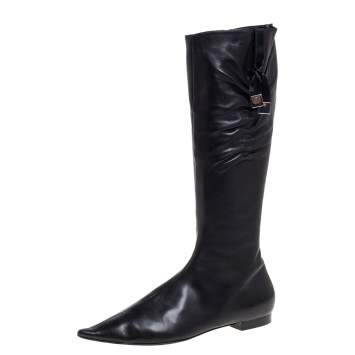 Pre Owned Dior Black Leather Pleated Bow Detail Knee Length Boots Size 39