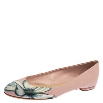 Pre Owned Dior Pink Floral Print Leather Ballet Flats Size 39.5