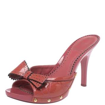 Pre Owned Dior Pink Cannage Patent Leather Bow Slide Sandals Size 38.5