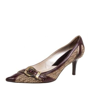 Pre Owned Dior Brown/Beige Canvas And Leather Buckle Detail Pointed Toe Pumps Size 39