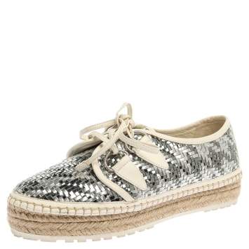 Pre Owned Dior Metallic Silver/White Leather Espadrille Lace Up Sneakers Size 37