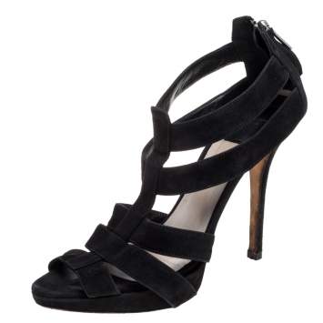 Pre Owned Dior Black Suede Caged Peep Toe Zipper Sandals Size 39