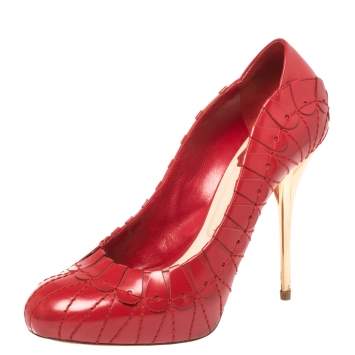 Pre Owned Dior Red Embroidered Leather Platform Pumps Size 38