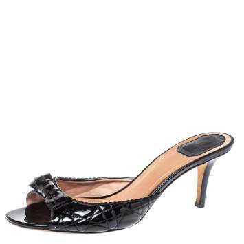 Pre Owned Dior Black Cannage Patent Leather Bow Slide Sandals Size 41