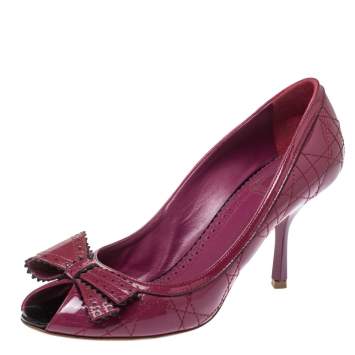 Pre Owned Dior Fuchsia Cannage Patent Leather Bow Peep Toe Pumps Size 40