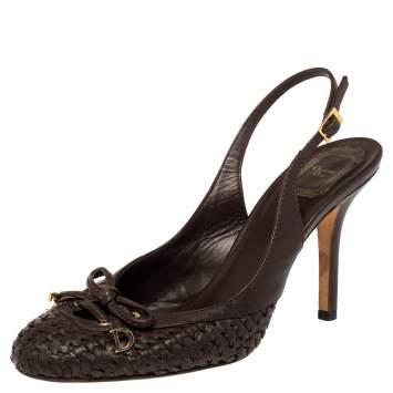 Pre Owned Dior Brown Woven Leather Bow Knot Slingback Sandals Size 38