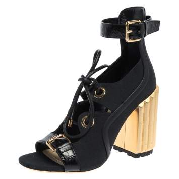 Pre Owned Dior Black Canvas And Leather Trim Glorious Ankle Strap Block Heel Sandals Size 39