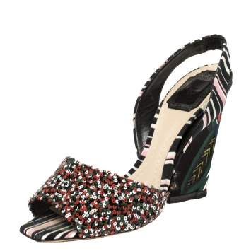 Pre Owned Dior Multicolor Sequins and Fabric Open Toe Wedge Slingback Sandals 38.5