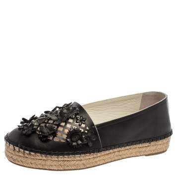 Pre Owned Dior Black Laser Cut Floral Embellished Leather Flore Espadrilles Size 35.5