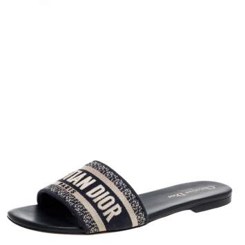 Pre Owned Christian Dior Blue/White Cotton Fabric Embroidered Dway Logo Slide Flats Size 38