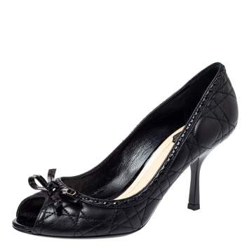 Pre Owned Dior Black Cannage Leather Bow Peep Toe Pumps Size 38.5
