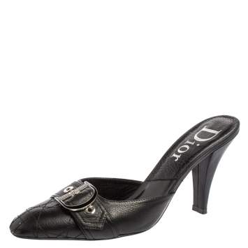 Pre Owned Dior Black Quilted Leather Buckle Detail Mules Size 40